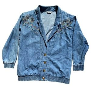 Alexa Em Womens Jean Jacket Aztec Embroidered‎ Gold